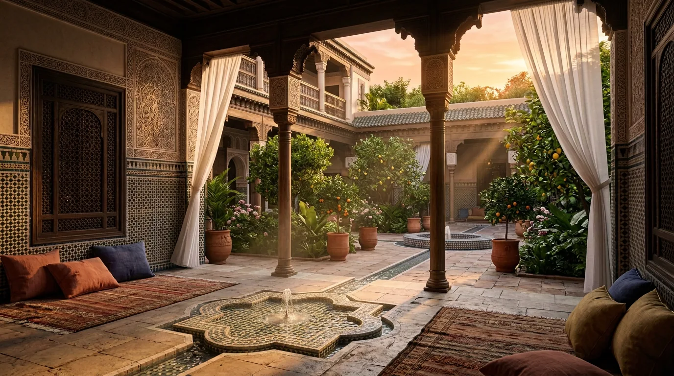 La loggia d'Al-Munya au couchant, ouverte sur le jardin