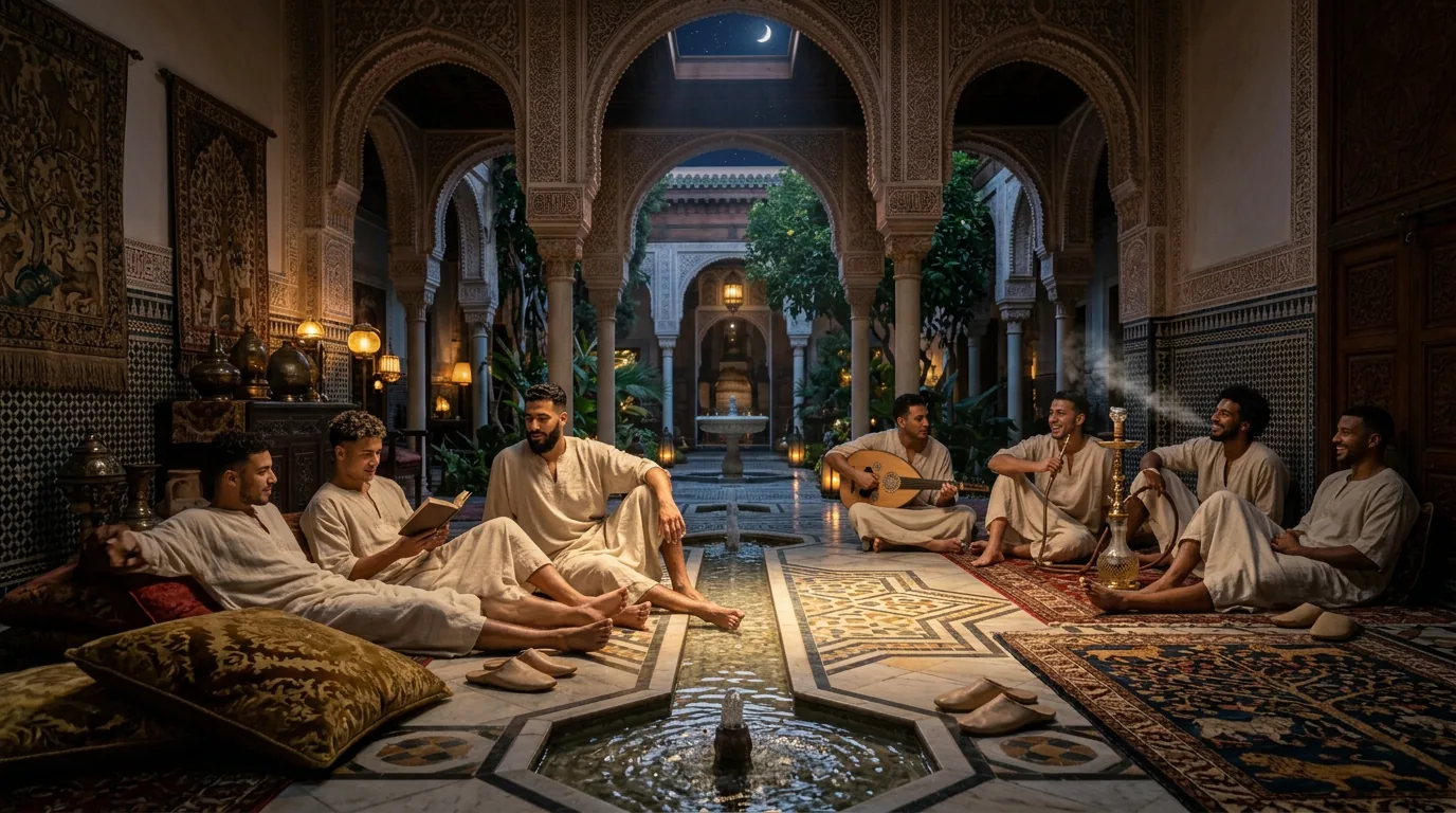 The majlis of Al-Munya in the evening, under the moon, around the canal