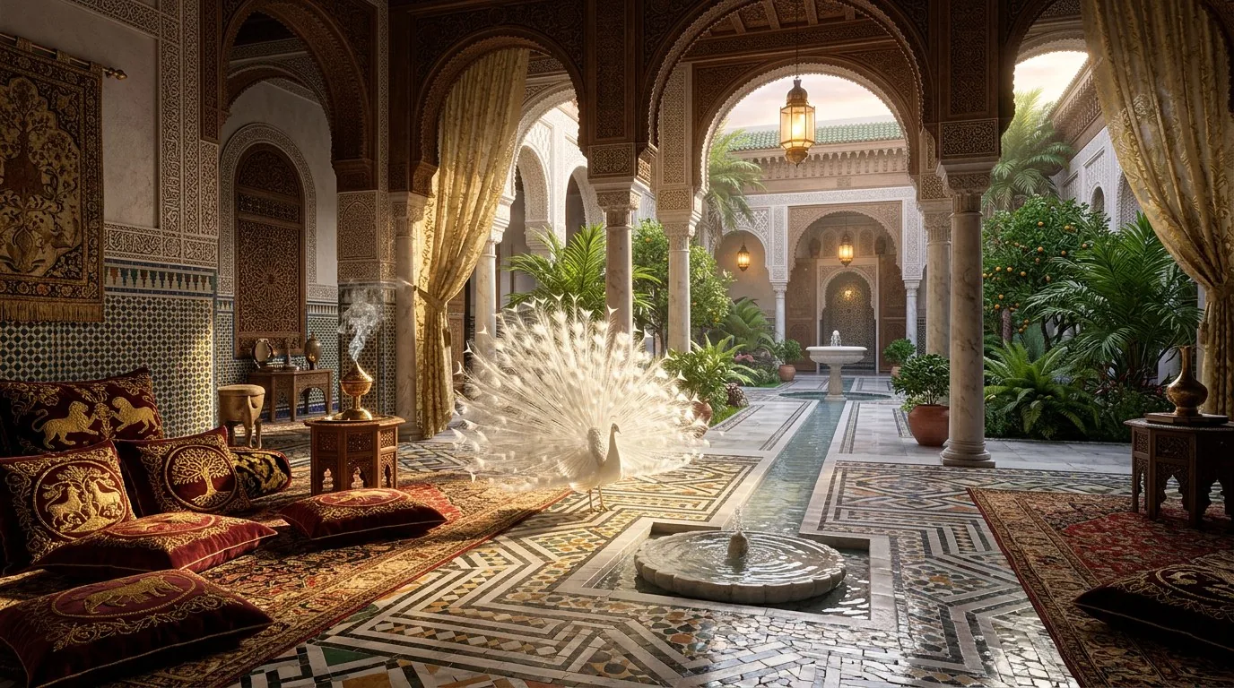 Le salon d'An-Nudama, un paon blanc devant la vasque, les coussins brodés d'or