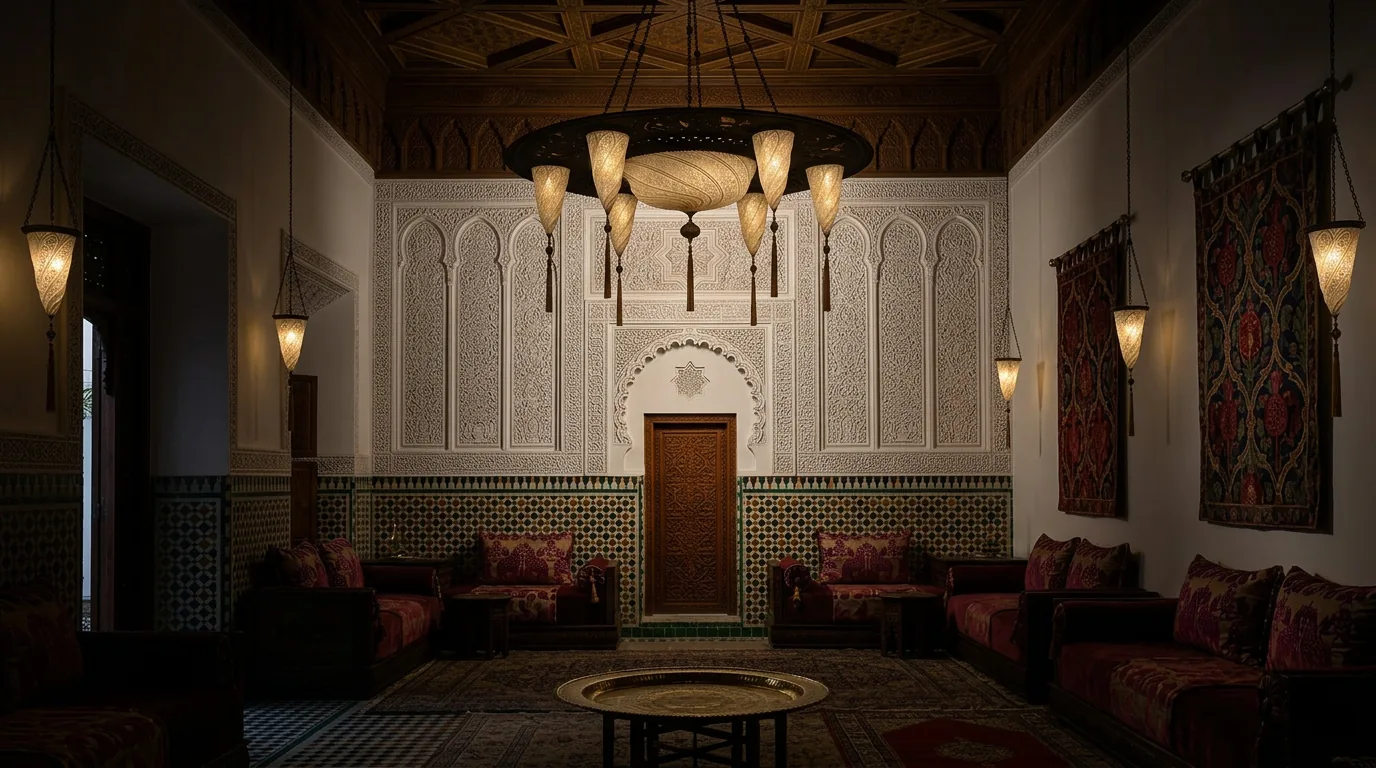 La grande salle d'Al-Munya, le plafond de cèdre et les lanternes