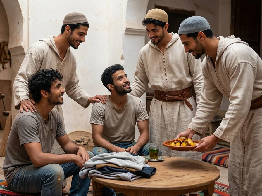 In a workshop of the Riad, residents bring a meal and linen to two young poor men